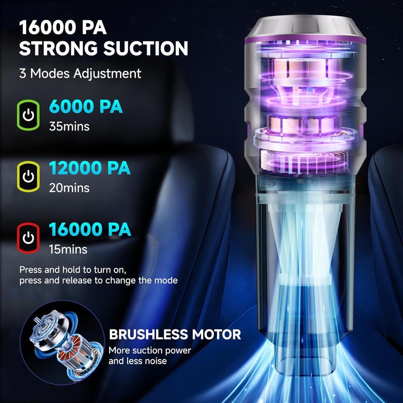 Piwosa Handheld Vacuum Cordless, Car Vacuum Cleaner with Brushless Motor, Strong Suction Vacuum & Compressed Air Dusters with LED Light, Type C Port, Wireless Mini Portable Hand Vacuum Blower for Home, Pet - Image 2